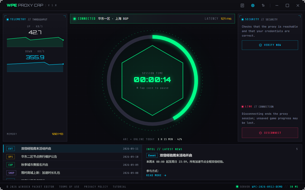 WPE Proxy Cap control center: telemetry bay, session timer core, security verification and disconnect