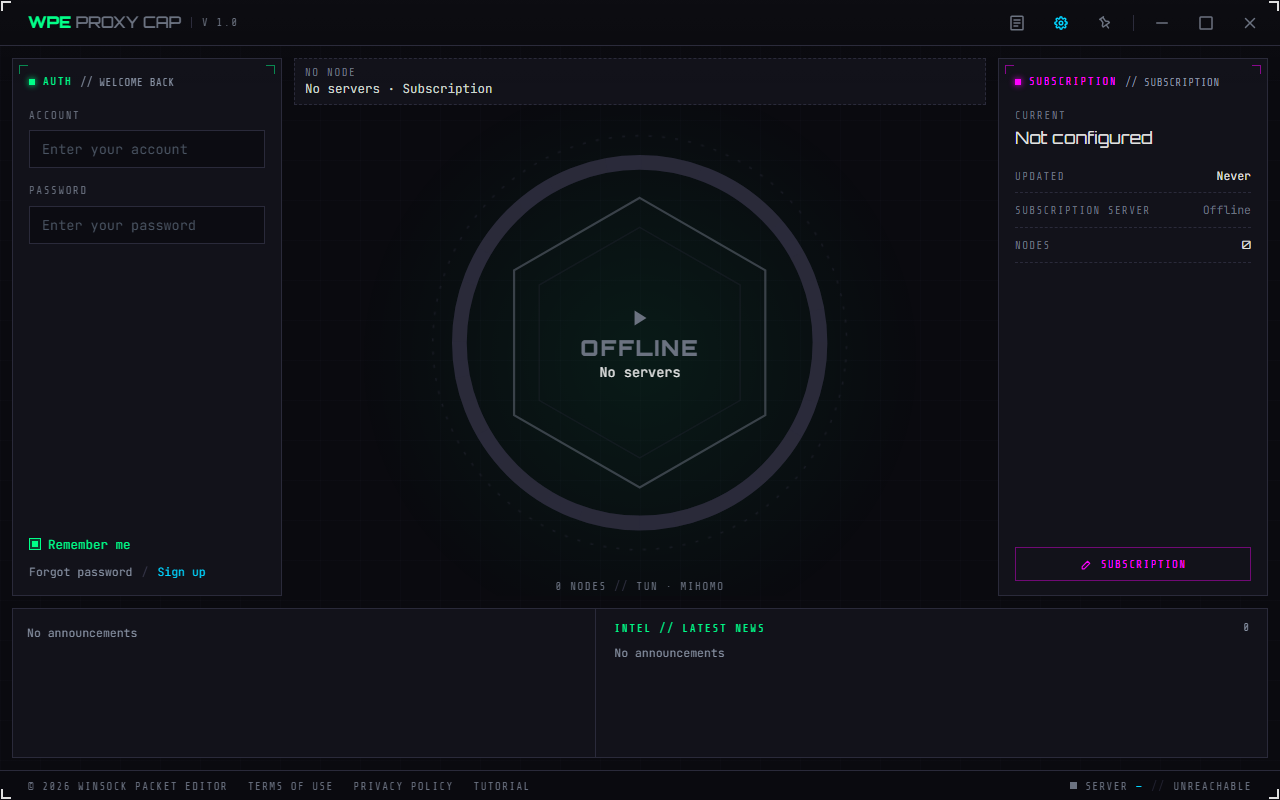 WPE Proxy Cap first run: no node tiles, the SUBSCRIPTION bay shows 0 nodes