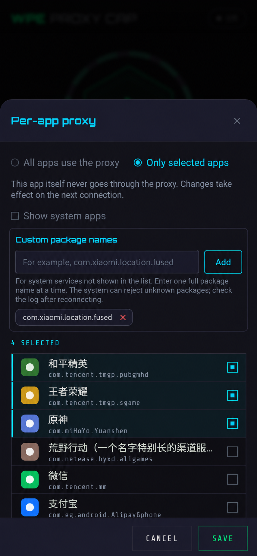 WPC for Android 1.1 per-app proxy: Only selected apps, custom package names and 4 selected
