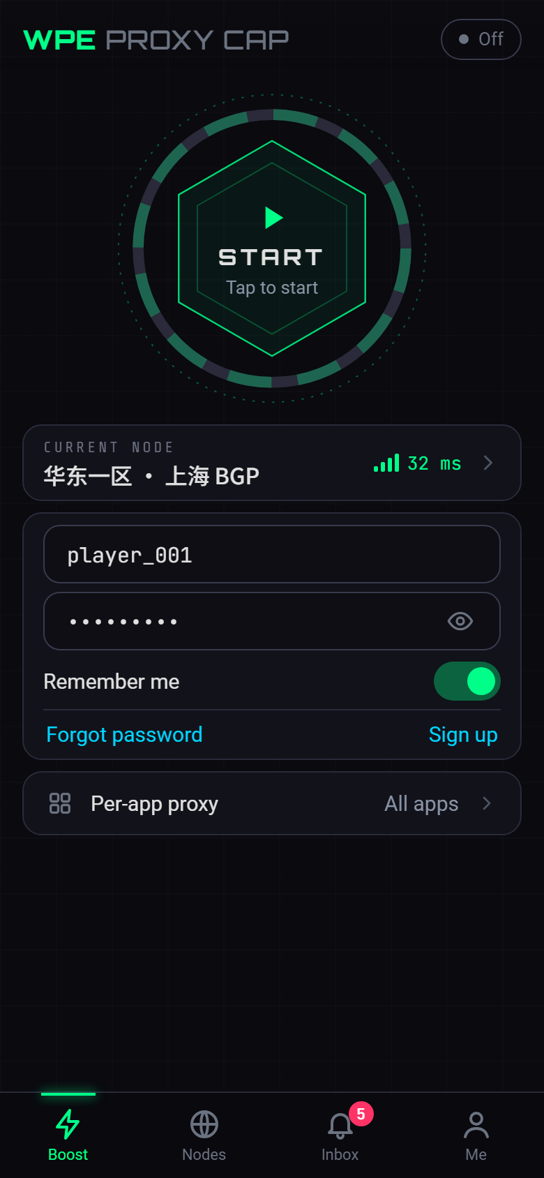 WPC for Android 1.0 Boost tab: reactor core, current node card, account card and per-app proxy