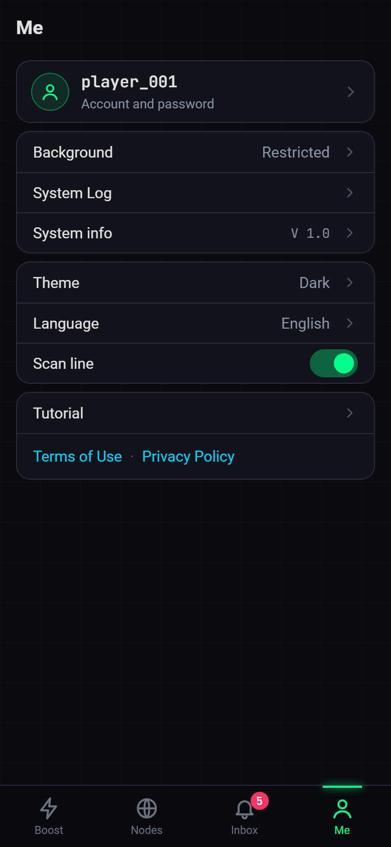 WPC for Android 1.0 Me tab: account card, running, appearance and help groups