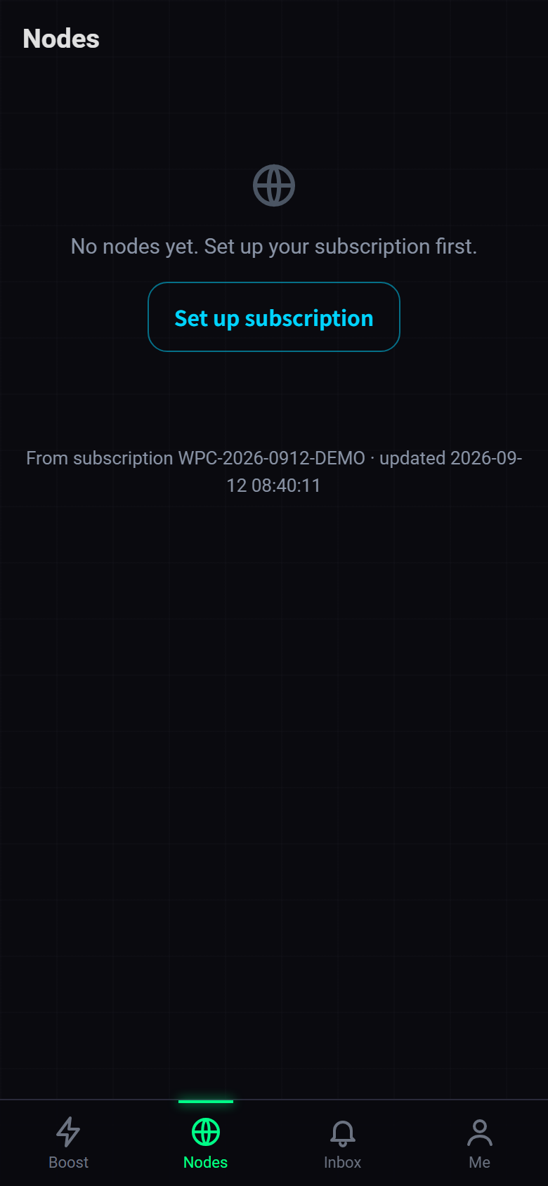 WPC for Android 1.0 Nodes tab: node list sorted by latency, signal bars, a timeout and the No phone proxy rules tag