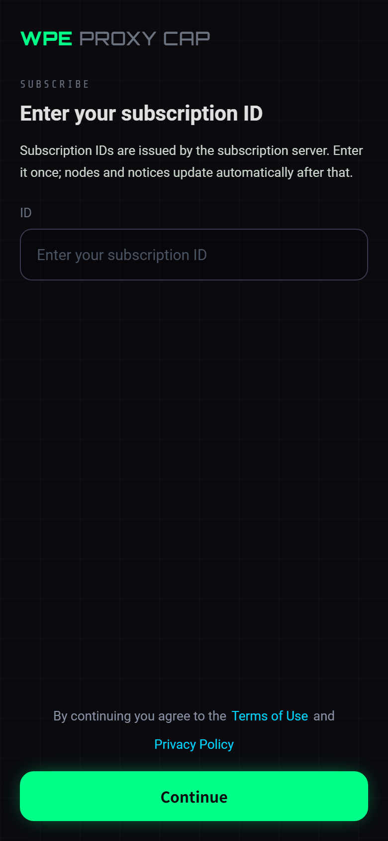 WPC for Android 1.0 first run: enter your subscription ID