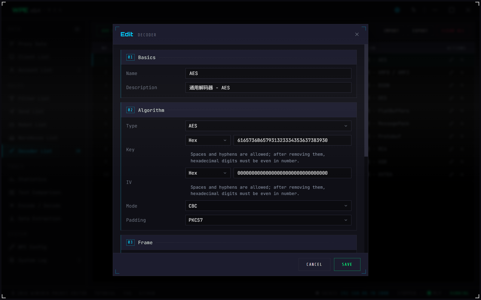 WPE x64 decoder editor: algorithm, key, frame and scope