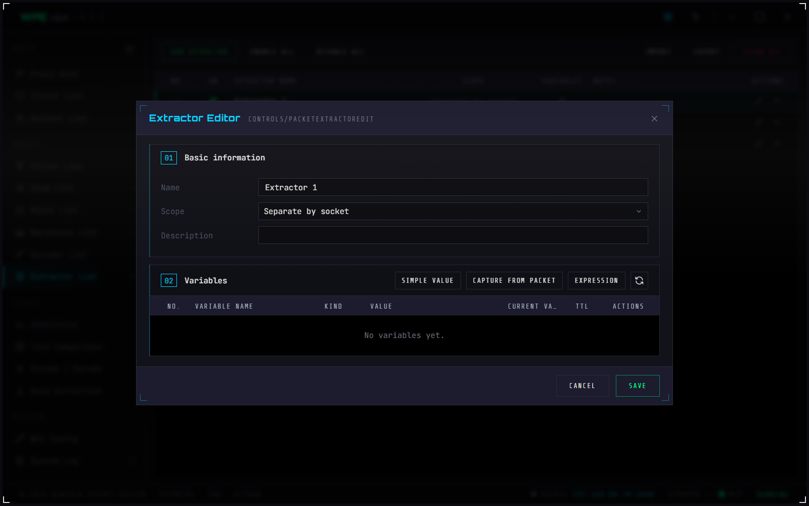 WPE x64 Extractor Editor with variable configuration and packet extraction parameters