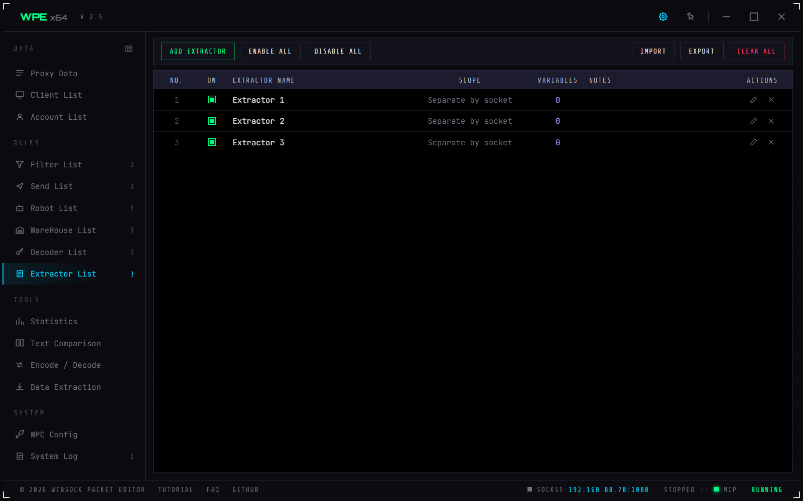 WPE x64 Extractor List with add, bulk enable, import/export and extractor rows