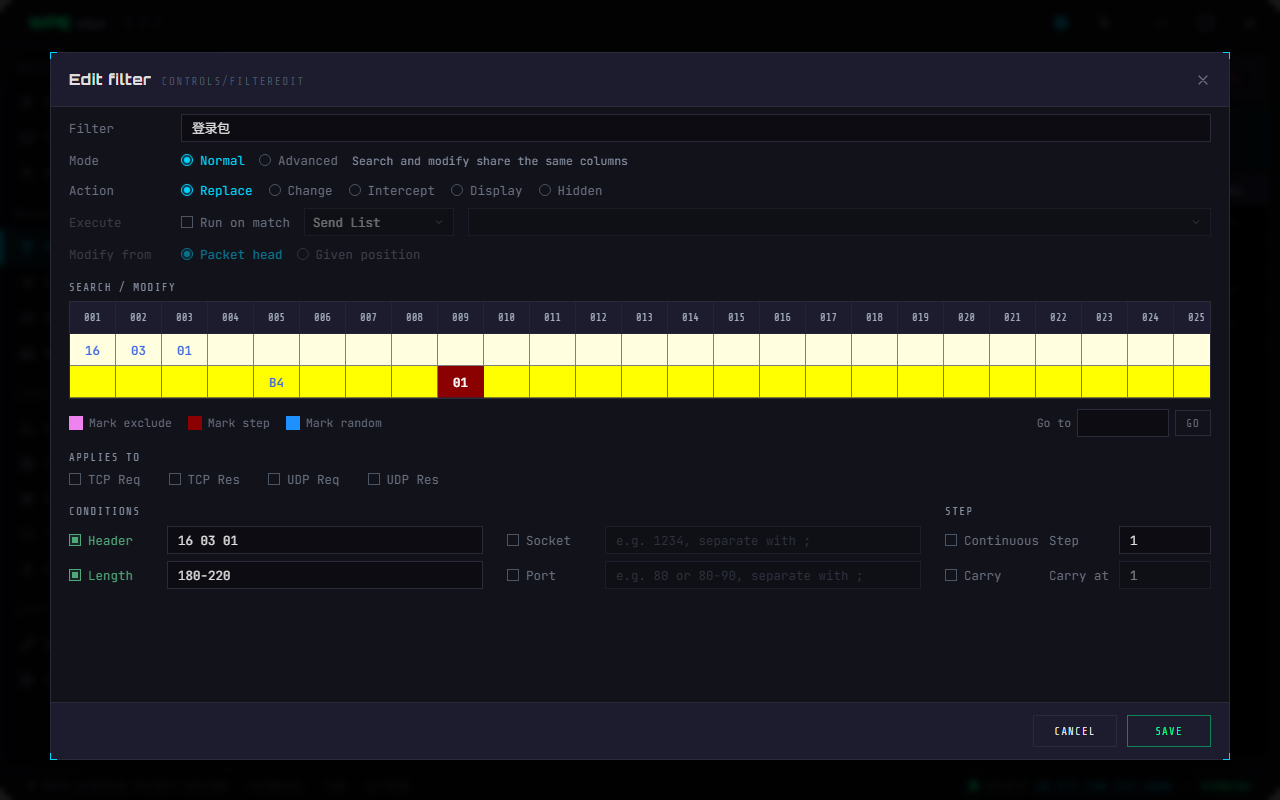 WPE x64 filter editor: mode, action, execute, modify-from, the search and modify grid, applies-to, conditions and progression