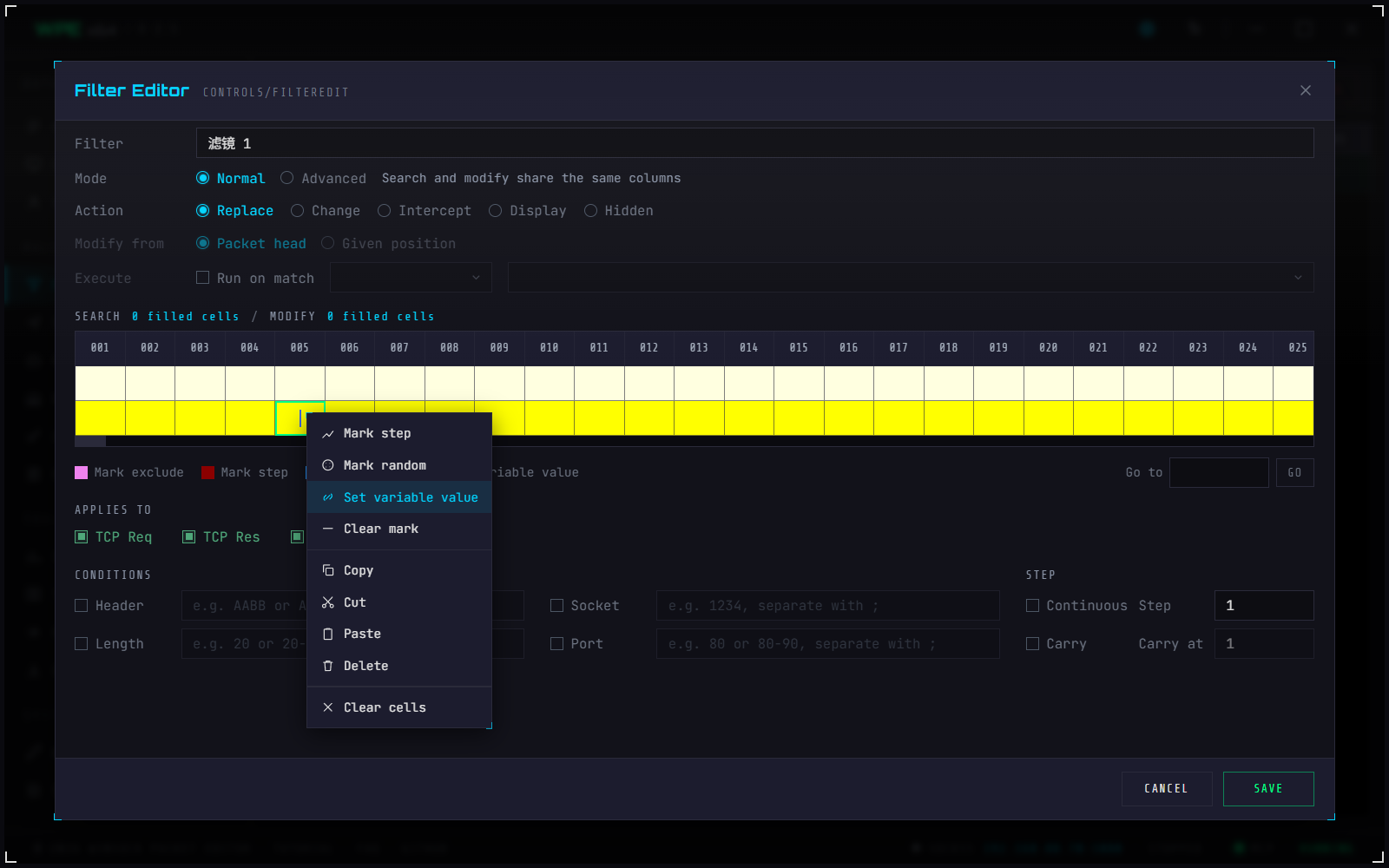 WPE x64 extractor-variable binding dialog in the Filter Editor