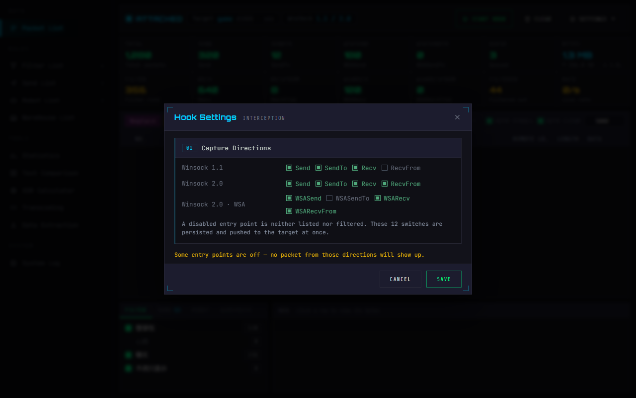 WPE x64 inject-mode hook settings: Winsock 1.1, 2.0 and WSA groups, 12 switches
