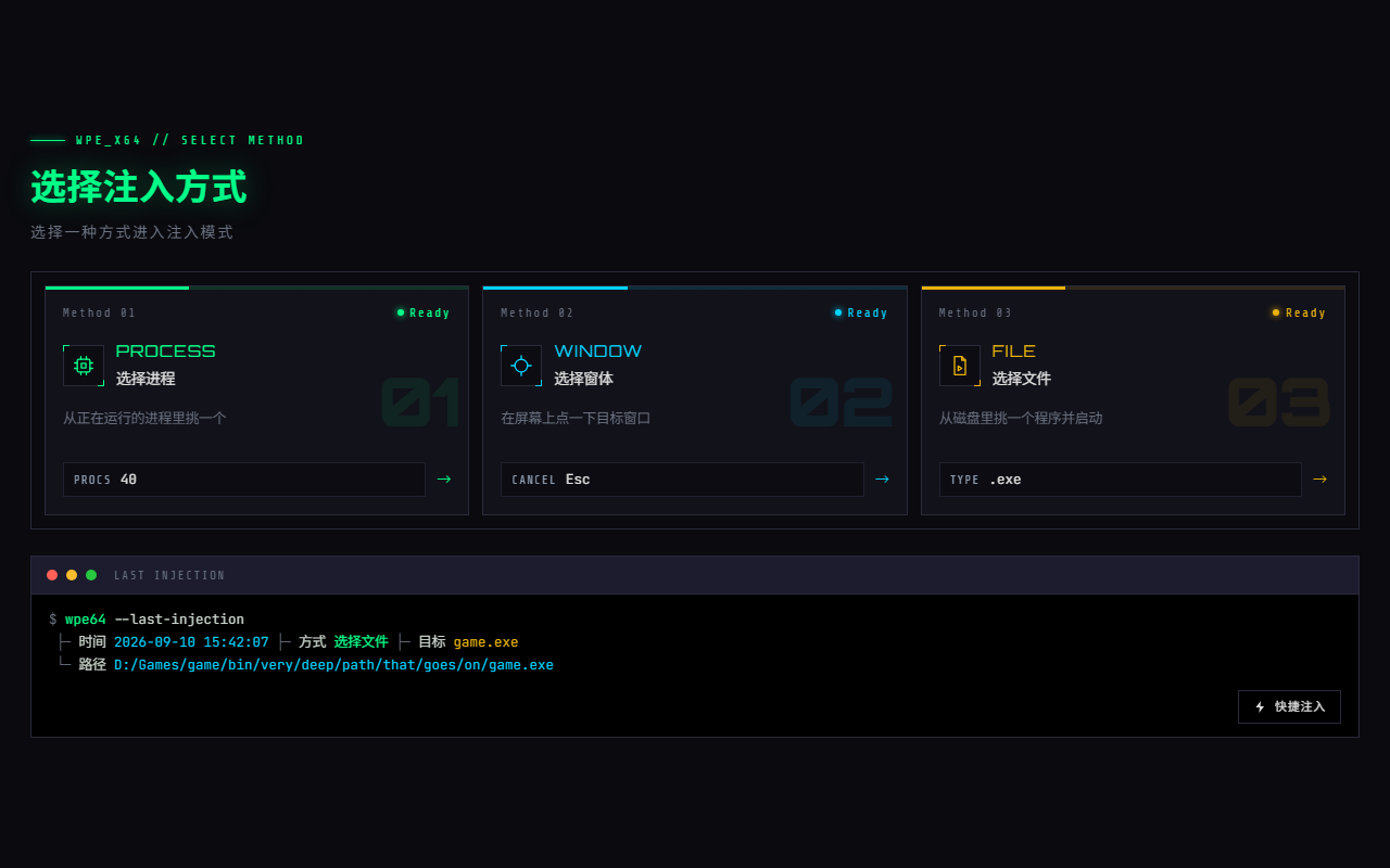 WPE x64 选择注入方式：选择进程 / 选择窗体 / 选择文件 三张卡片与上次注入记录