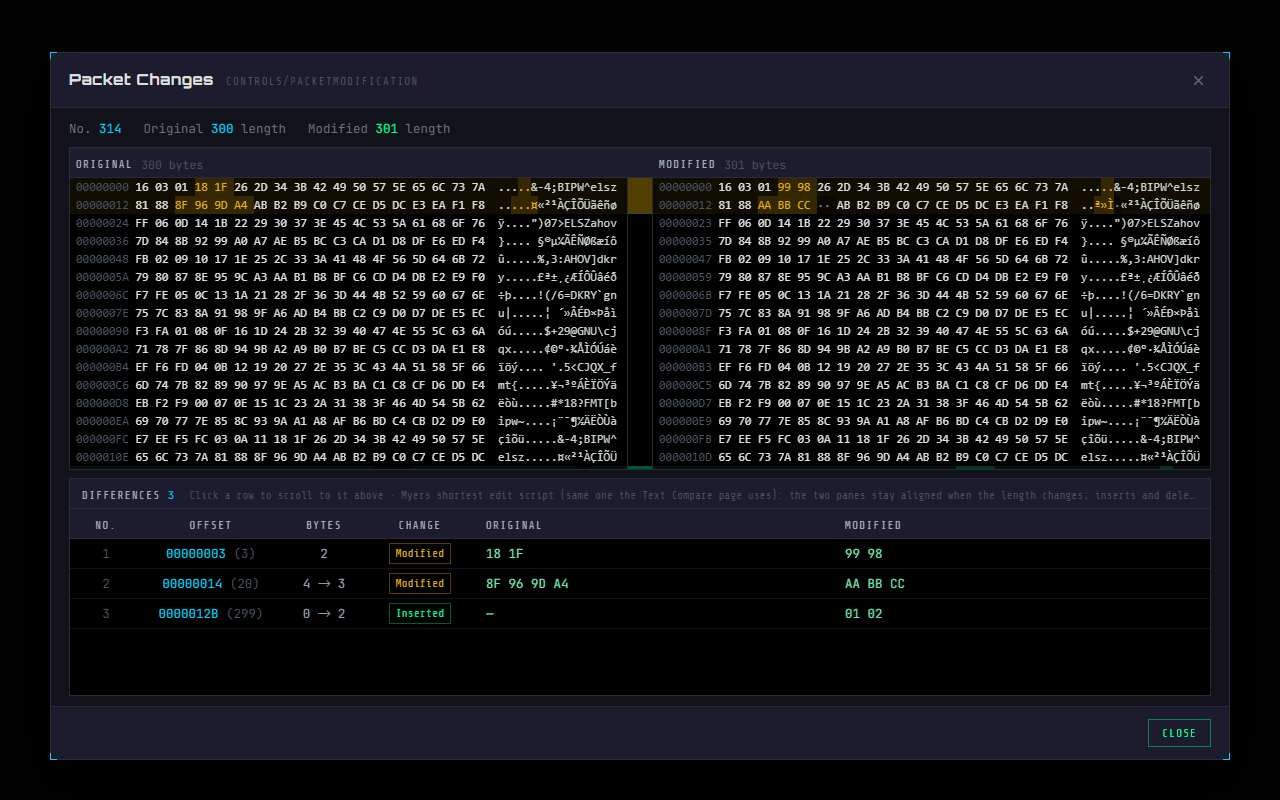 WPE x64 view packet modification: before / after side-by-side view and the difference table