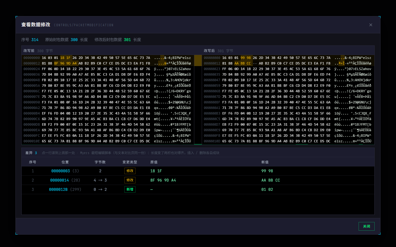 WPE x64 查看数据修改：改写前 / 改写后并排视图与差异表
