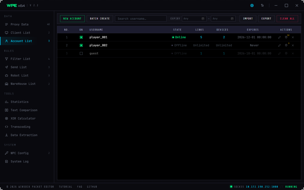 WPE x64 proxy account list: search, expiry range, account table and row actions