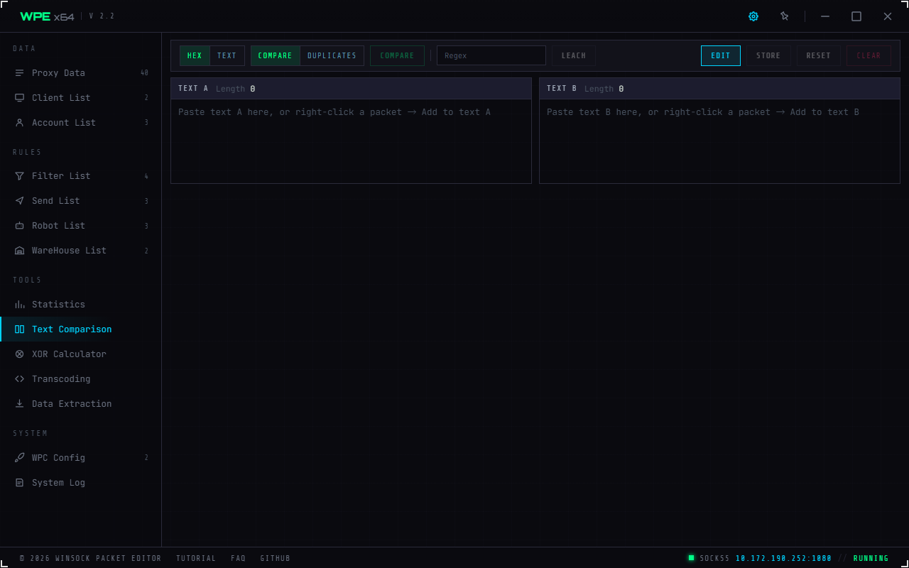 WPE x64 text comparison page: hex/text, compare/duplicates, regex highlight, and the A and B editors