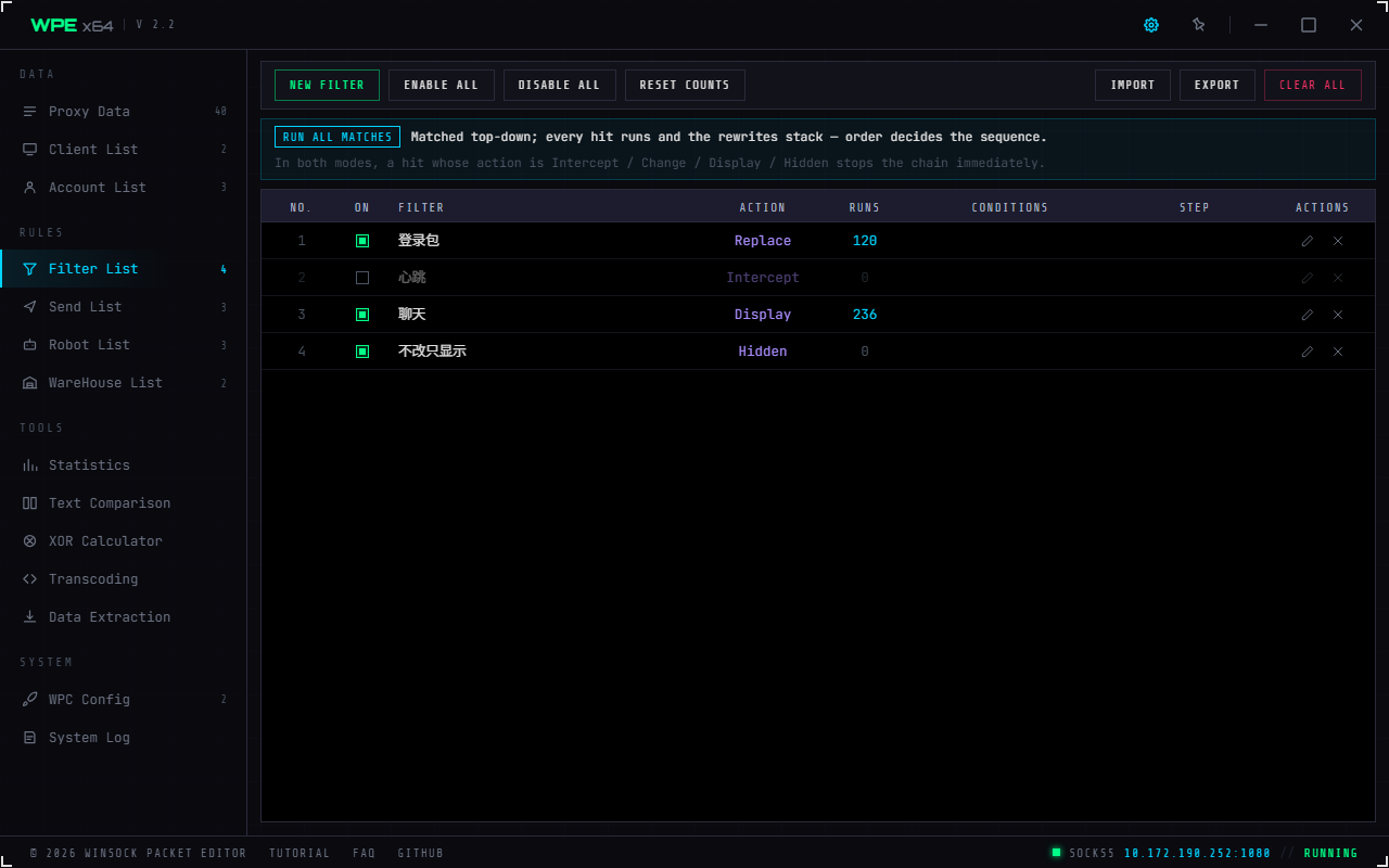 WPE x64 filter list: add / enable all / disable all / reset counts, the order note and the filter table