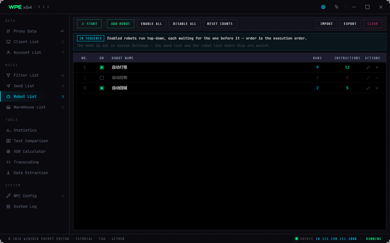 WPE x64 robot list: start, add, enable/disable all, reset counts and the robot table