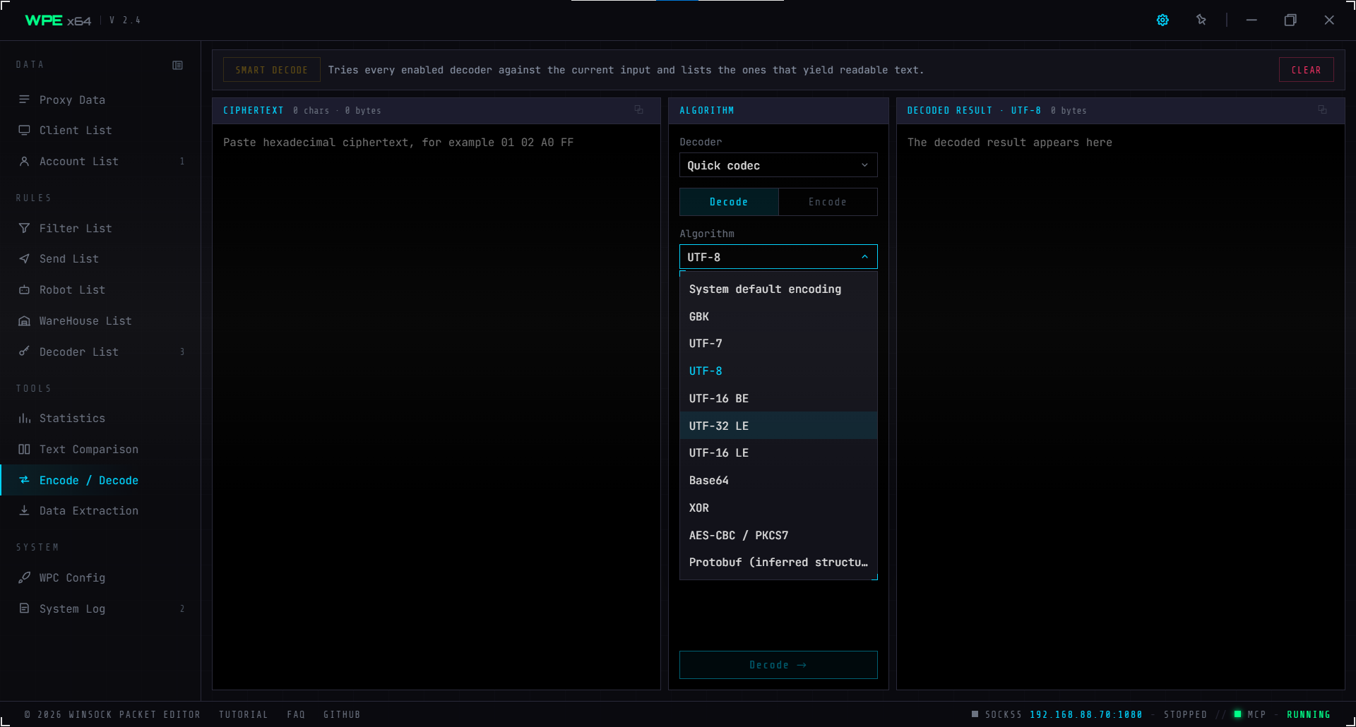 WPE x64 encode/decode workbench: input, algorithm and parameters, output