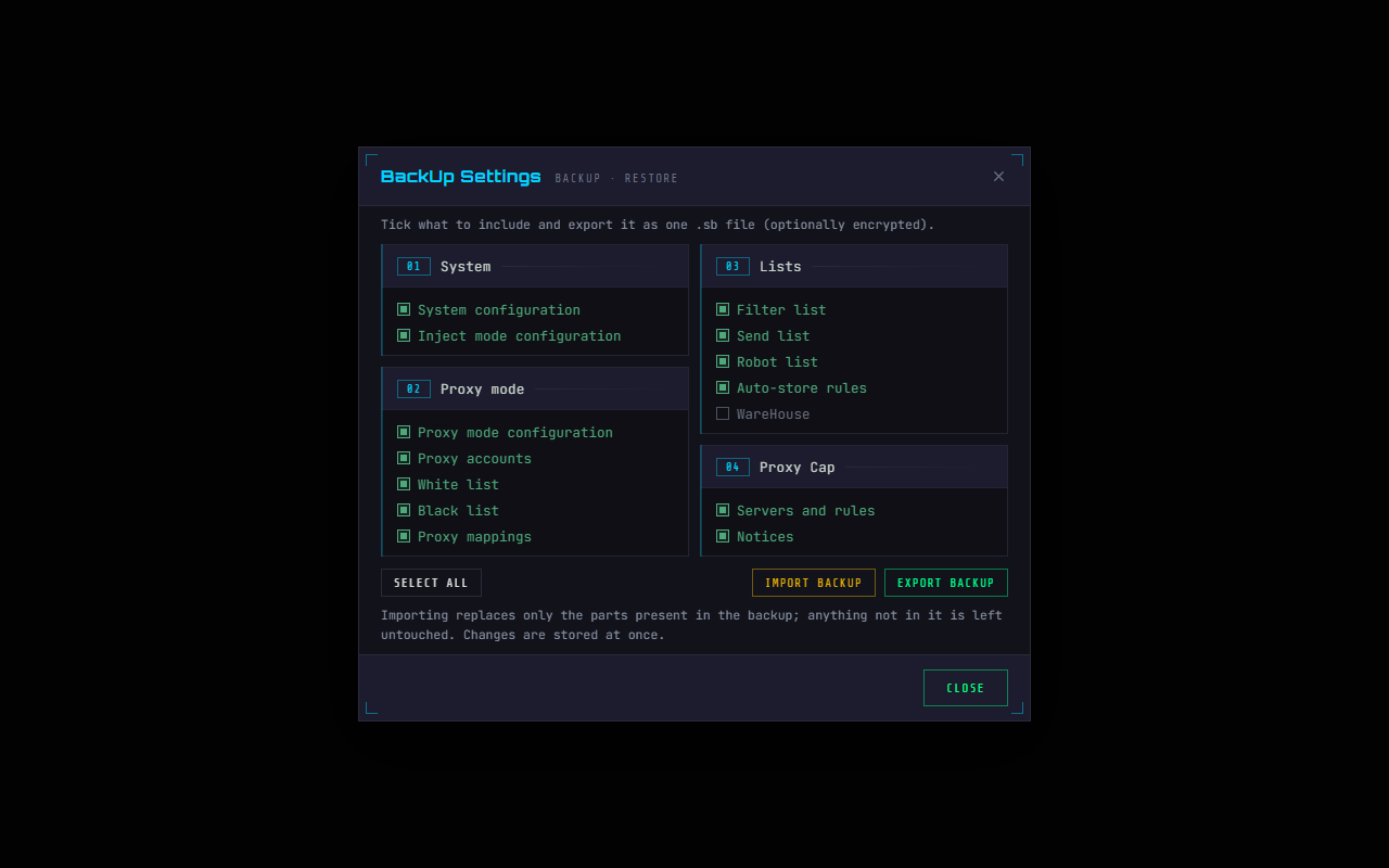 WPE x64 backup settings: system, proxy mode, list data and WPC config groups