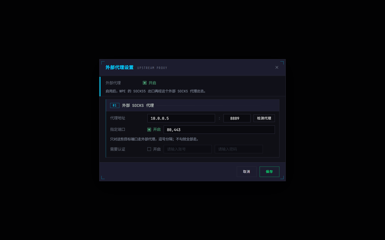 WPE x64 外部代理设置：开关、代理地址与端口、指定端口、需要认证