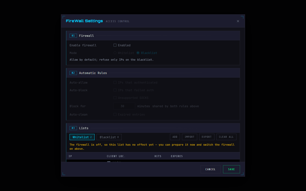 WPE x64 firewall settings: enable switch, mode, automatic rules, allow and block lists