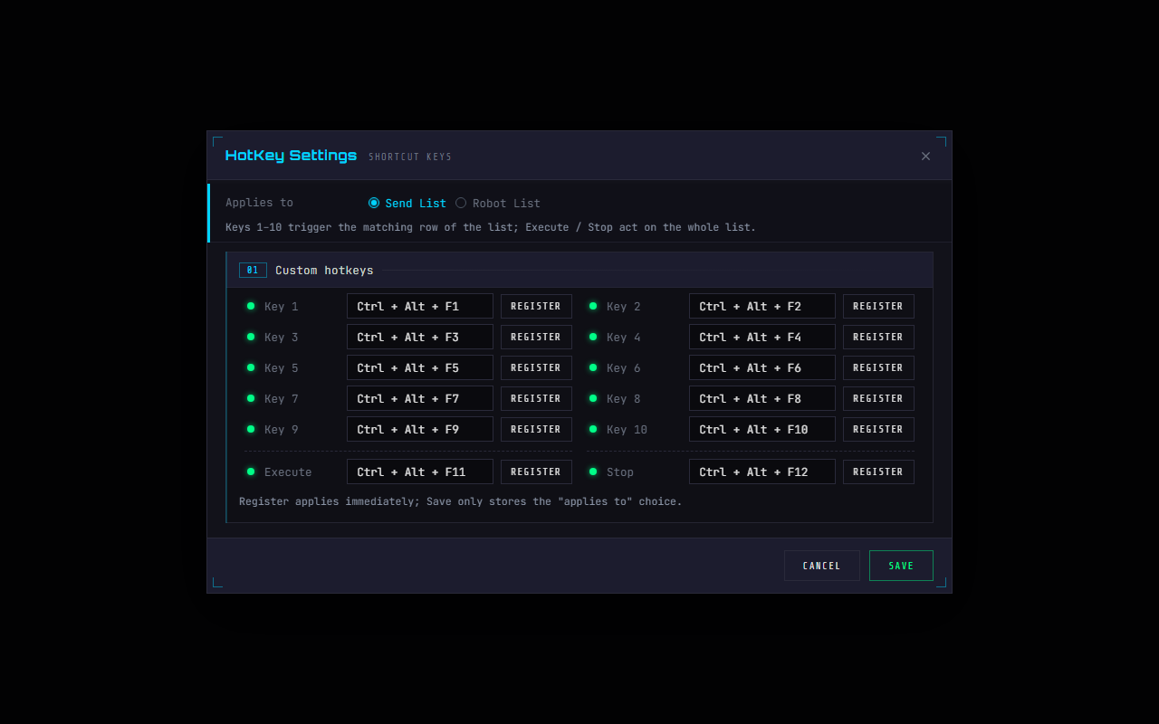 WPE x64 hotkey settings: applies-to, twelve recording boxes and their status lamps