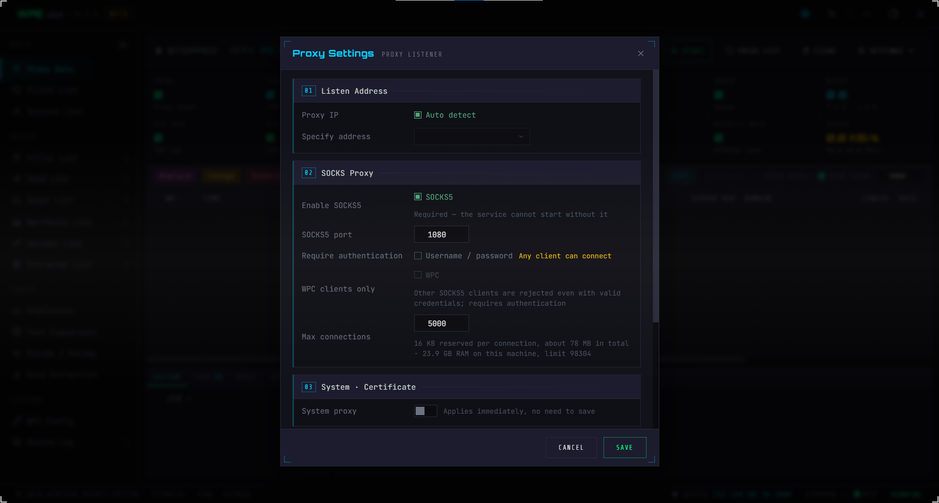 WPE x64 proxy settings: listening address, SOCKS5, authentication, WPC clients only, max connections, system proxy, HTTPS mapping root certificate