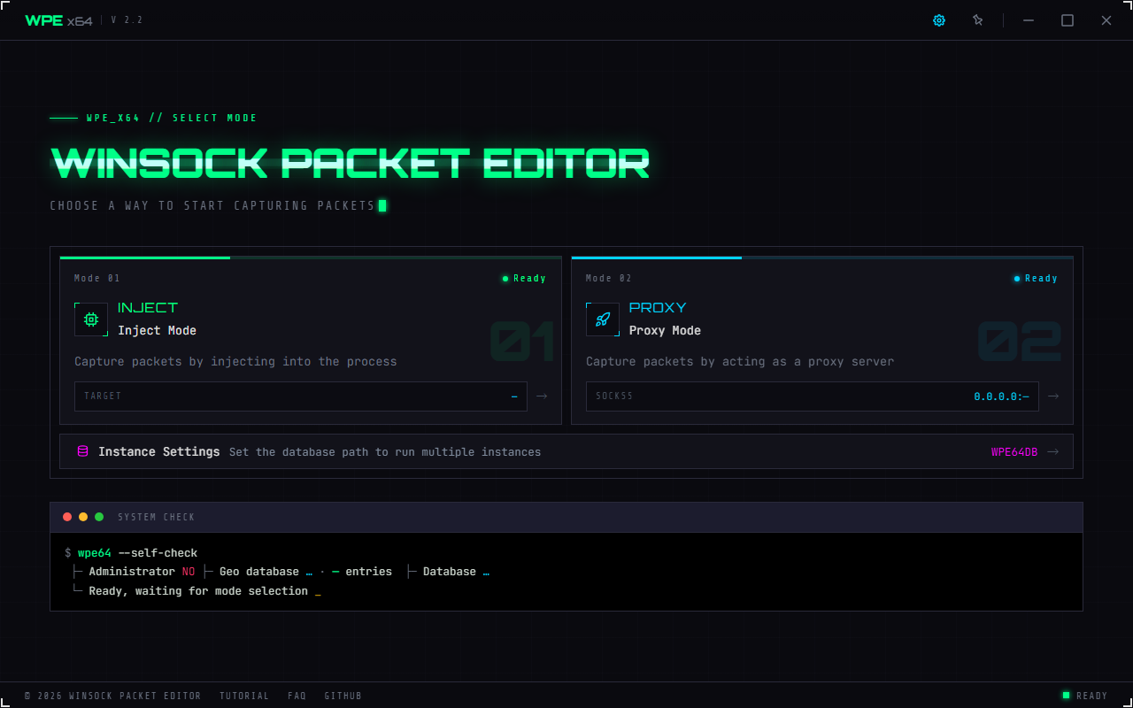 WPE x64 home screen with the Inject and Proxy mode cards, the Database Setting and MCP Settings entries, and the system check terminal
